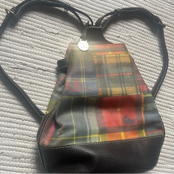 Vintage Dooney Bourke Plaid Bucket Bag Drawstring Equestrian Rare